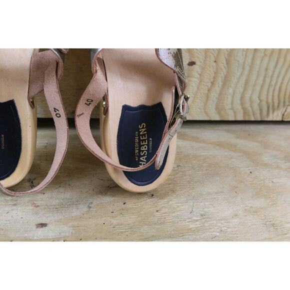 New Swedish Hasbeens Clogs 9.5 Metallic Gold 40 Rivet Wooden Platform Sandals - Picture 7 of 9